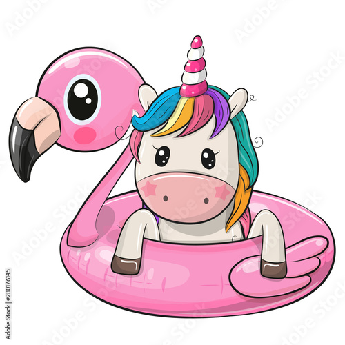 Cartoon Unicorn swimming on pool ring inflatable flamingo