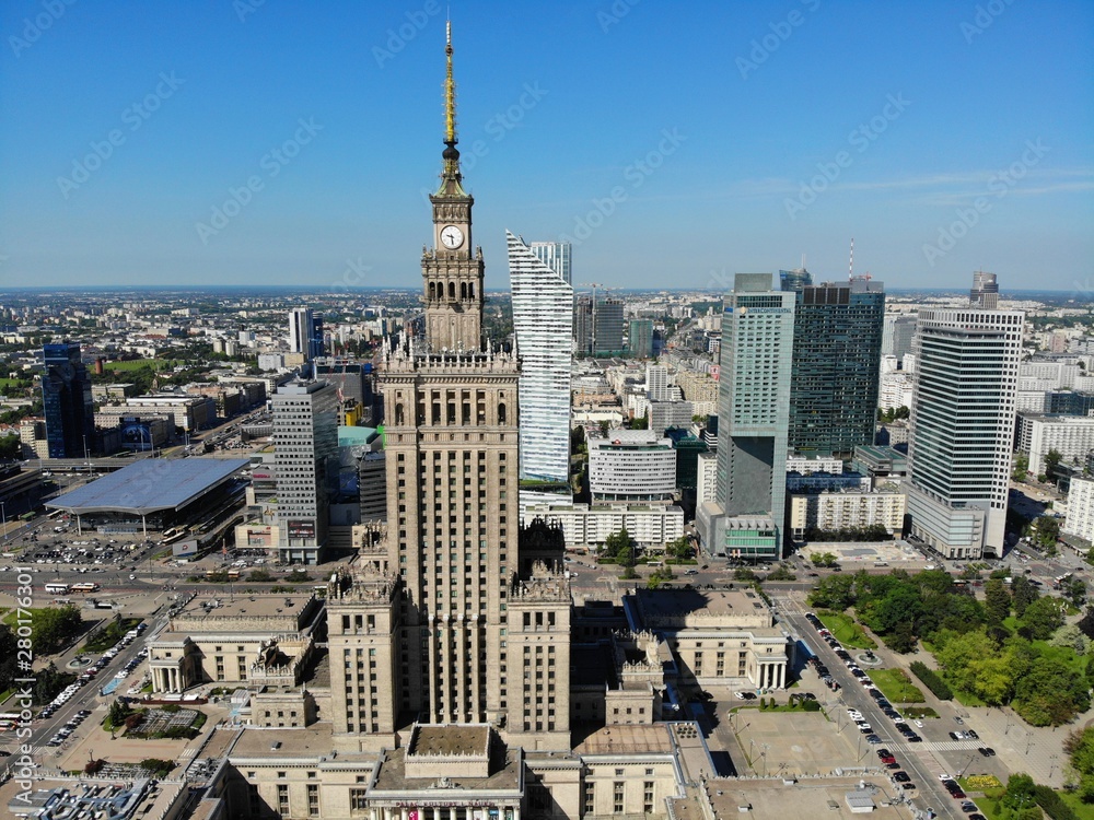 Obraz premium Amazing view from above. The capital of Poland. Great Warsaw. city center and surrondings. Aerial photo created by drone. Palace of culture and science.