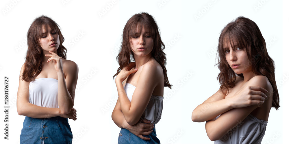 Collage of a beautiful caucasian girl posing at the camera