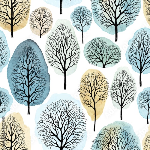Seamless pattern with hand drawn trees and watercolor spots. Vector handmade illustration on white background.