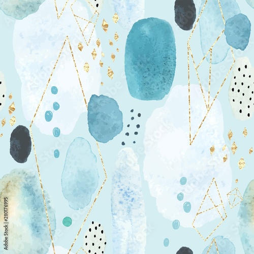 Seamless abstract pattern with colorful watercolor spots and decorative elements of golden texture. Vector handmade illustration on turquoise background. 