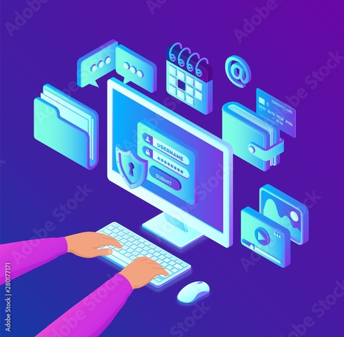 Data protection. Desktop pc with authorization form on screen, personal data protection. Isometric hands on the keyboard. System of authentication. 3d isometric design. Vector illustration.