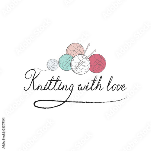 Knit logo or label. Ball of yarn with knitting needles.