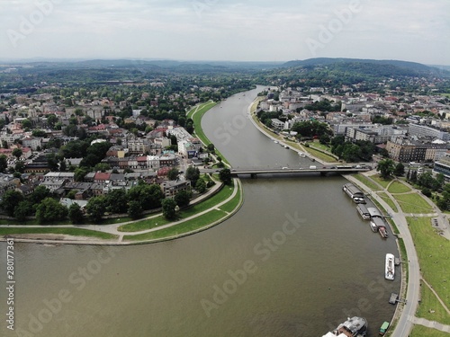 Aerial photo from drone. The culture and historical capital of Poland. Comfortable and beautiful Krakow. The land of Legend. Wisla River