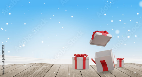 christmas presents on wood snow background 3d-illustration