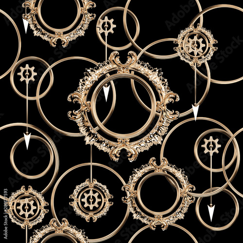 Seamless pattern of gold rings, clock hands and gears. Steampunk style. 3D illustration.