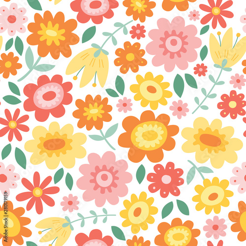 Vector floral pattern with flowers and leaves. Cute flower background. Spring summer seamless pattern.