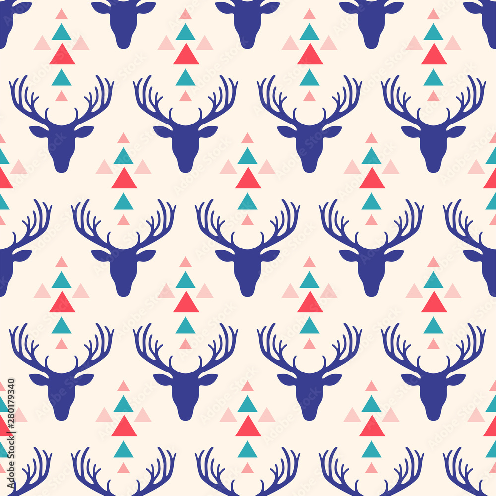 Fototapeta premium Seamless pattern with deer head and triangles. Tribal vector pattern.