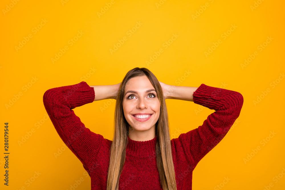 Photo of pretty lady spending weekend resting home wear knitted pullover isolated yellow background Photo of pretty lady spending weekend resting home wear knitted pullover isolated yellow background