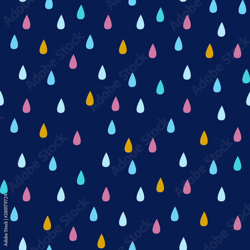 Seamless vector pattern with rain drops in blue, yellow and pink on navy background. 