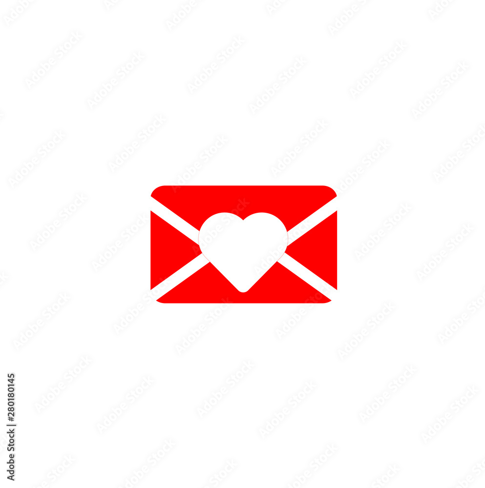 New romantic message - new sms. Flat vector icon red envelope symbol and silhouette of heart inside New romantic message - new sms. Flat vector icon red envelope symbol and silhouette of heart inside