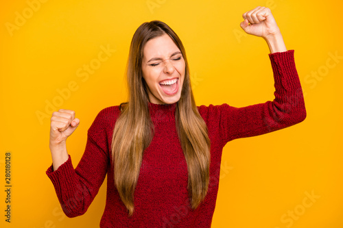 Photo of pretty lady yelling loud rejoicing wear pullover isolated yellow background