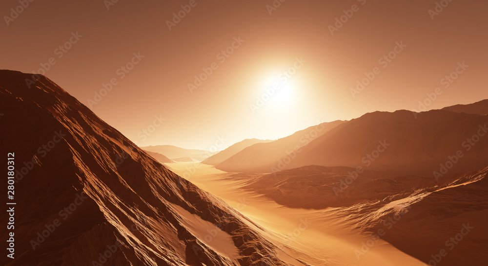 Naklejka premium Mars - the red planet. Martian landscape covered with dust