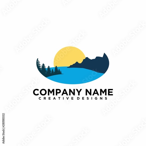 natural landscape sunset sunrise, outdoor camping, lake logo art vector illustration
