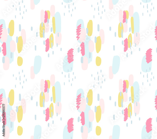Abstract seamless background with hand drawn brush stokes, memphis style. Pastel colors. Retro design.