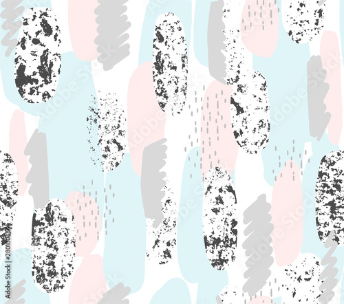 Abstract vector pattern with hand painted brush strokes and texture. Memphis style geometric seamless background in pastel color. Fashion print design in pink, blue, gray and black.