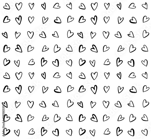 Seamless heart pattern in doodle style. Hand drawn abstract vector background. Black and white.