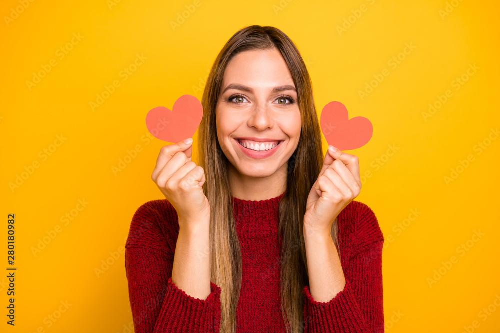 Closeup photo of pretty lady holding arms little heart figured postcards wear pullover isolated yellow background - obrazy, fototapety, plakaty 