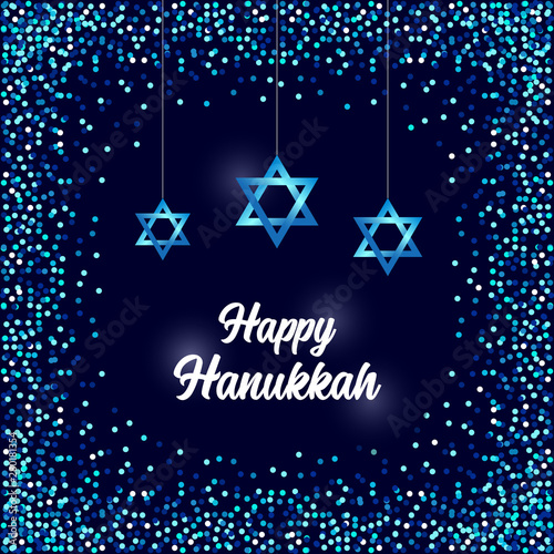 Luxury Festive Happy Hanukkah background with sparkles and glittering effect and lettering, can be used as greeting card, banner, poster or flyer design