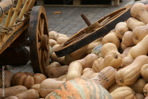 The wheel of the cart with the pumpkins