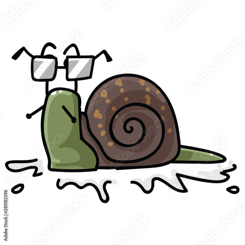 Cute snail with glasses character cartoon vector illustration motif set. Hand drawn isolated spectacle elements clipart for nature blog, slimy bug graphic, escargot web buttons.