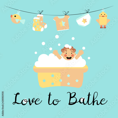 Set flat style icons of happy baby bathing and playing with foam bubbles. Simple objects for kid shower.