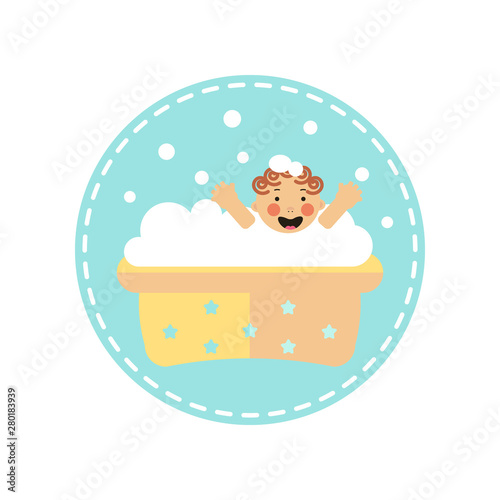 Flat style icon of happy baby bathing and playing with foam bubbles. Simple object for kid shower.