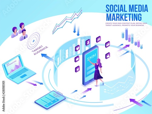 Social media marketing concept, 3d isometric infographic promotion campaign, online digital technology, business people analyze advertising report, content plan, seo optimisation vector illustration