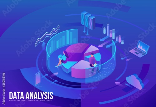 Data analysis center, business people analyze diagram, kpi analytics, digital technology in finance, artificial intelligence concept, big research isometric illustration, teamwork 3d background