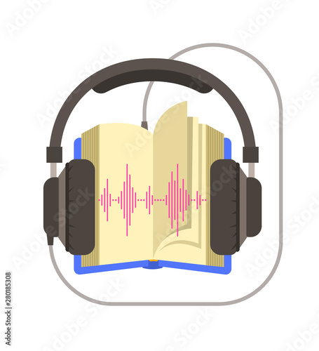 Audio book concept. Online library vector flat illustration. Open book and headphones connected to it. Electronic book metaphor.