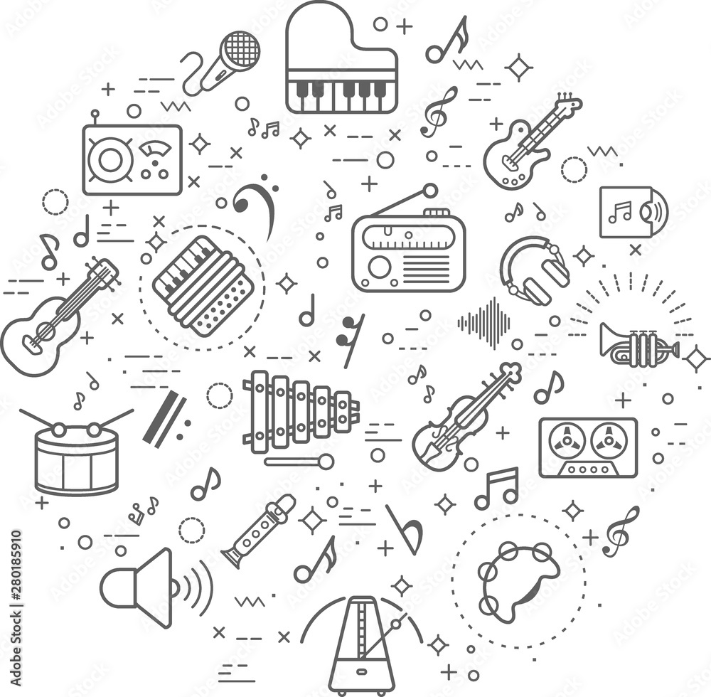 Simple Set of music and sound Related Vector Line Illustration. Contains such Icons as musical note, guitar, radio and instrument and Other Elements.. Modern style line drawing and background color wh Simple Set of music and sound Related Vector Line Illustration. Contains such Icons as musical note, guitar, radio and instrument and Other Elements.. Modern style line drawing and background color wh