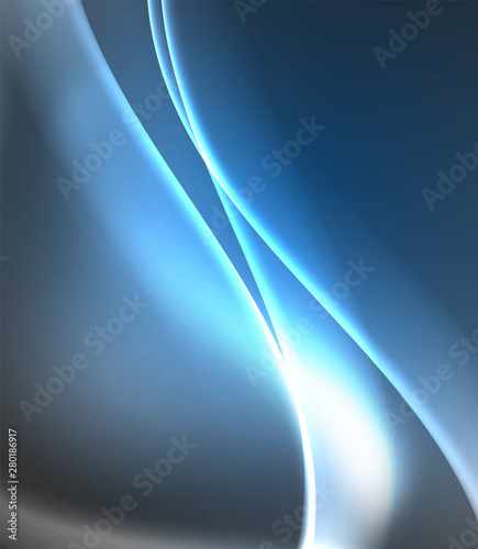 Dark space with shiny neon light motion waves. Abstract concept graphic element. Vector neon background. Technology background