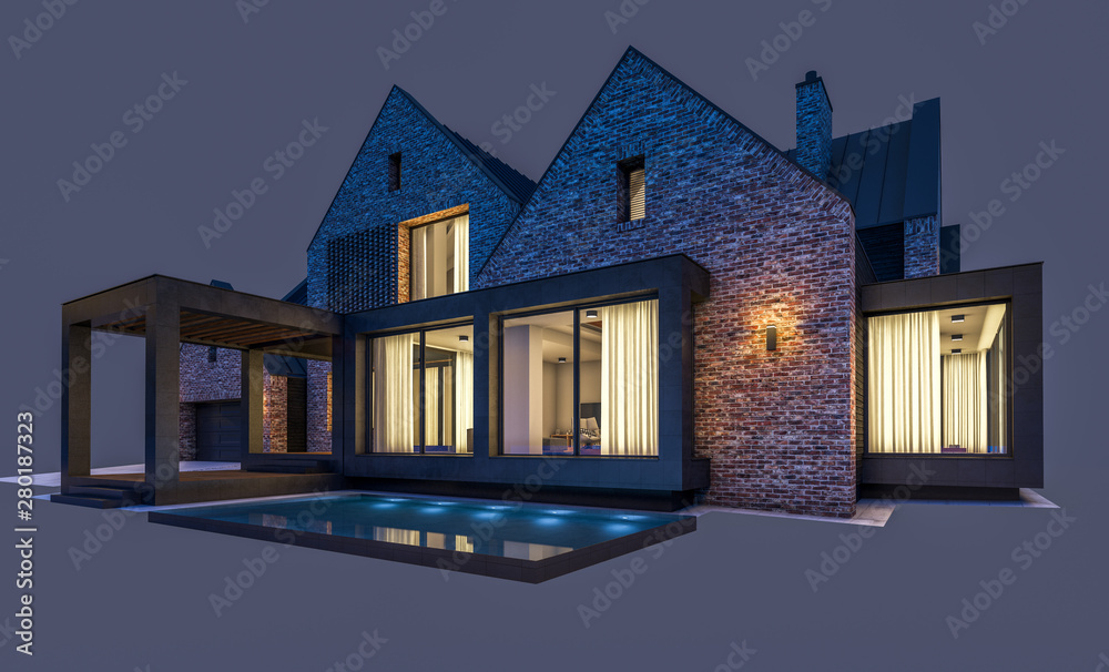 3d rendering of modern cozy clinker house on the ponds with garage and pool for sale or rent in night with cozy light from window. Isolated on gray 3d rendering of modern cozy clinker house on the ponds with garage and pool for sale or rent in night with cozy light from window. Isolated on gray