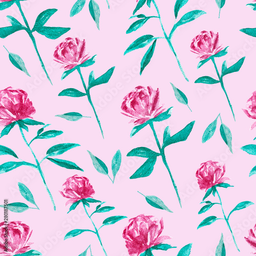 Purple flowers blossom watercolor painting - hand drawn seamless pattern on pink background