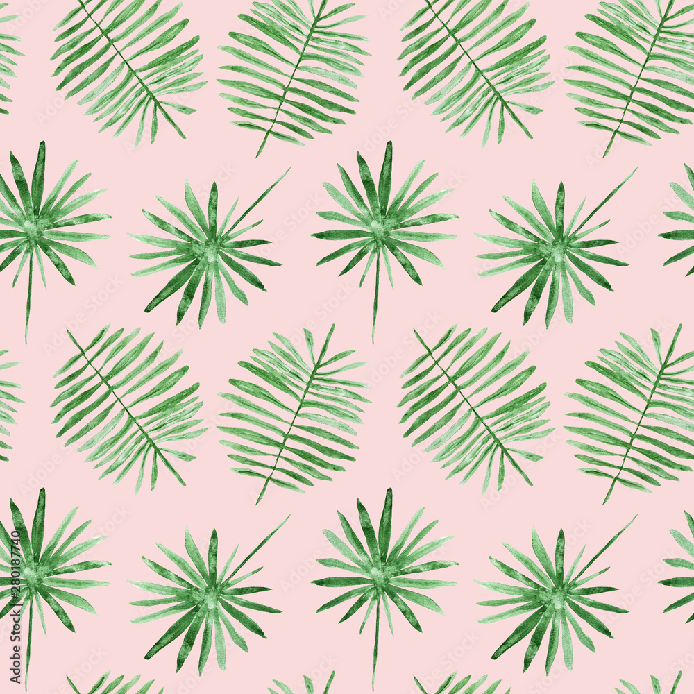 Green palm leaves, tropical watercolor painting - hand drawn seamless pattern on pink background