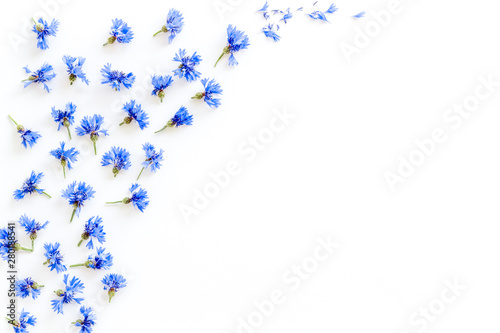 Summer flowers pattern with blue cornflowers on white background top view mock up