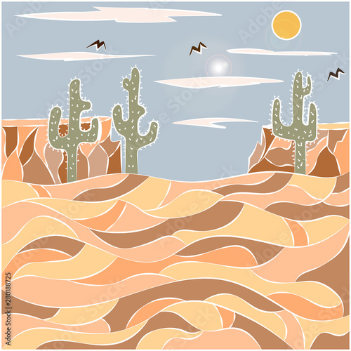 Abstract illustration of desert, mountains and cacti. Nature in an abstract style.