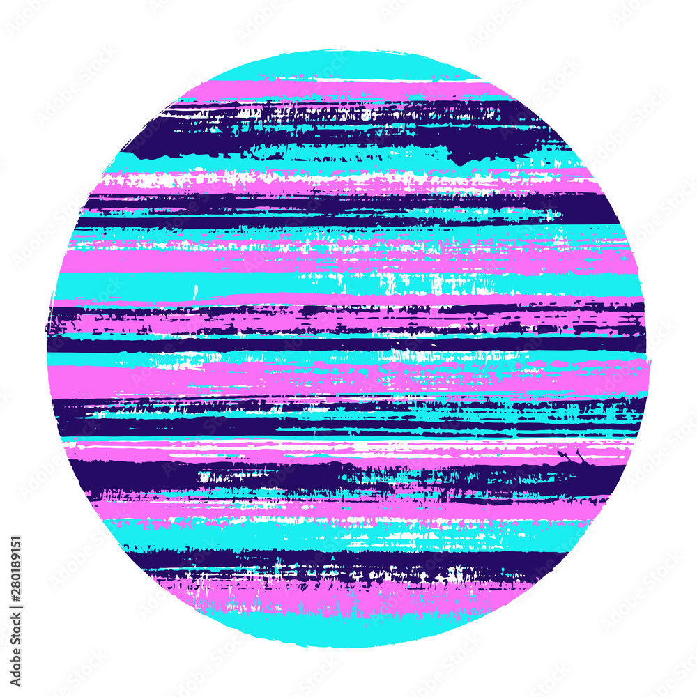 Circle vector geometric shape with striped texture of paint horizontal lines. Planet concept with old paint texture. Stamp round shape logotype circle with grunge background of stripes.