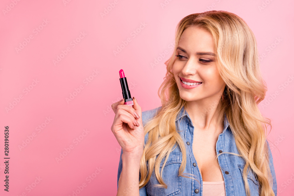 Closeup photo of pretty lady holding new pomade wear denim outfit isolated pink background Closeup photo of pretty lady holding new pomade wear denim outfit isolated pink background