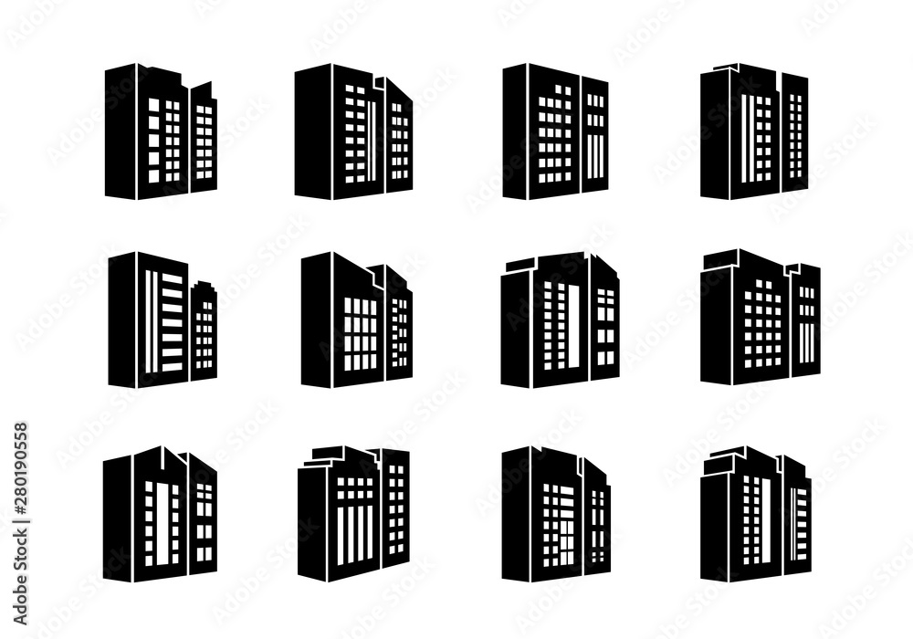 Perspective icons company and buildings set, Vector bank and office collection on white background