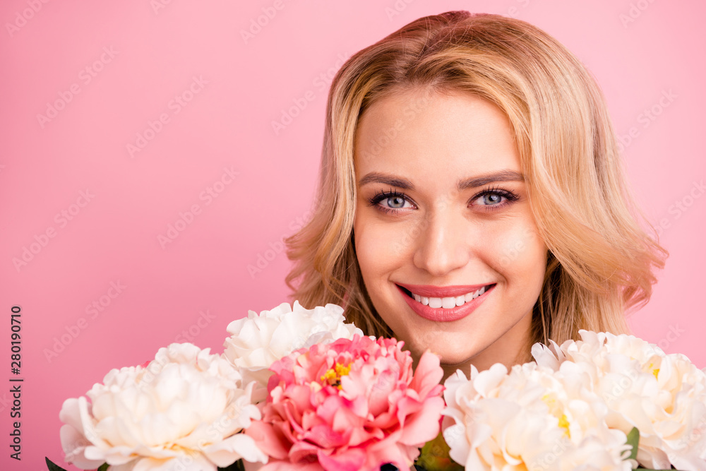Close-up cropped portrait of her she nice attractive lovely shine lovable sweet gorgeous cheerful cheery wavy-haired girl with colorful flowers isolated over pink pastel background Close-up cropped portrait of her she nice attractive lovely shine lovable sweet gorgeous cheerful cheery wavy-haired girl with colorful flowers isolated over pink pastel background