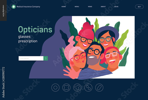 Medical insurance template - opticians shop advertising poster panel - modern flat vector concept digital illustration of young people wearing glasses portraits - commercial banner illustration