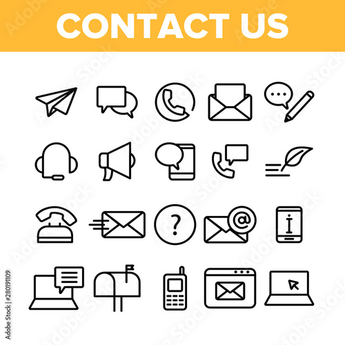 Contact Us, Call Center Vector Linear Icons Set. Customer Support Service, Contact Us Outline Cliparts. Helpline, Phone Tech Desk Pictograms Collection. Mailing And Chatting Thin Line Illustration