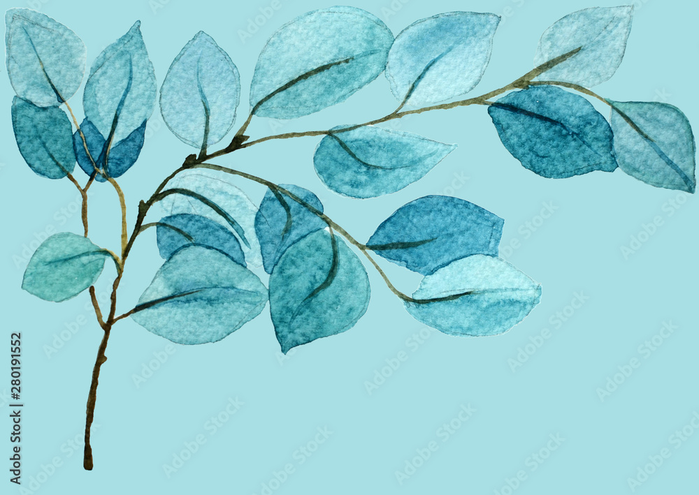 Blue retro exotic menthol branch with leaves on blue background. Ornate delicate watercolor flowers for wedding invitations, greeting cards, blogs, posters Blue retro exotic menthol branch with leaves on blue background. Ornate delicate watercolor flowers for wedding invitations, greeting cards, blogs, posters