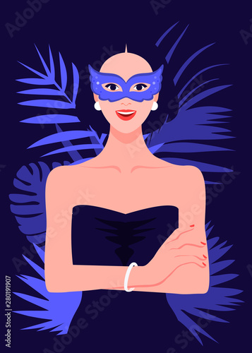 Portrait of a beautiful girl in a carnival mask. A woman is standing in an evening dress with her arms crossed and smiling. Summer party. Vector flat illustration