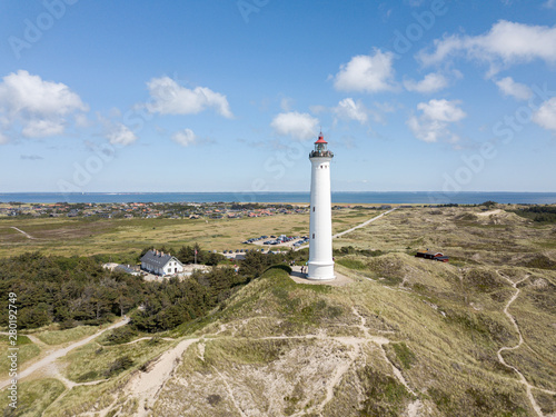 Aerial Drone View of Lyngvig Lighthouse in Denmark