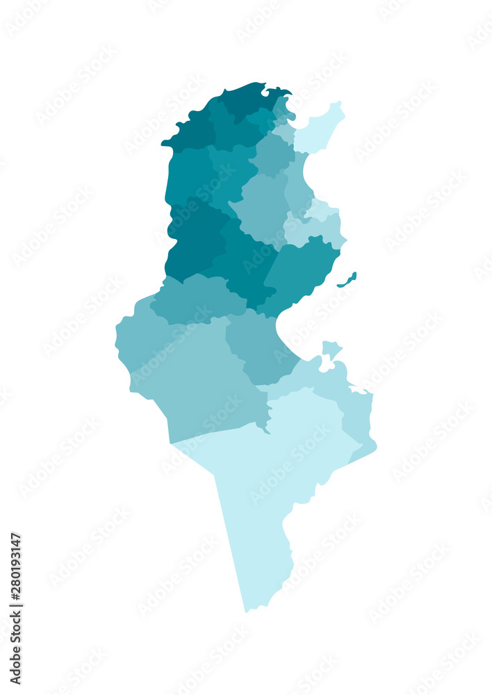 Vector isolated illustration of simplified administrative map of Tunisia. Borders of the governorates (regions). Colorful blue khaki silhouettes Vector isolated illustration of simplified administrative map of Tunisia. Borders of the governorates (regions). Colorful blue khaki silhouettes