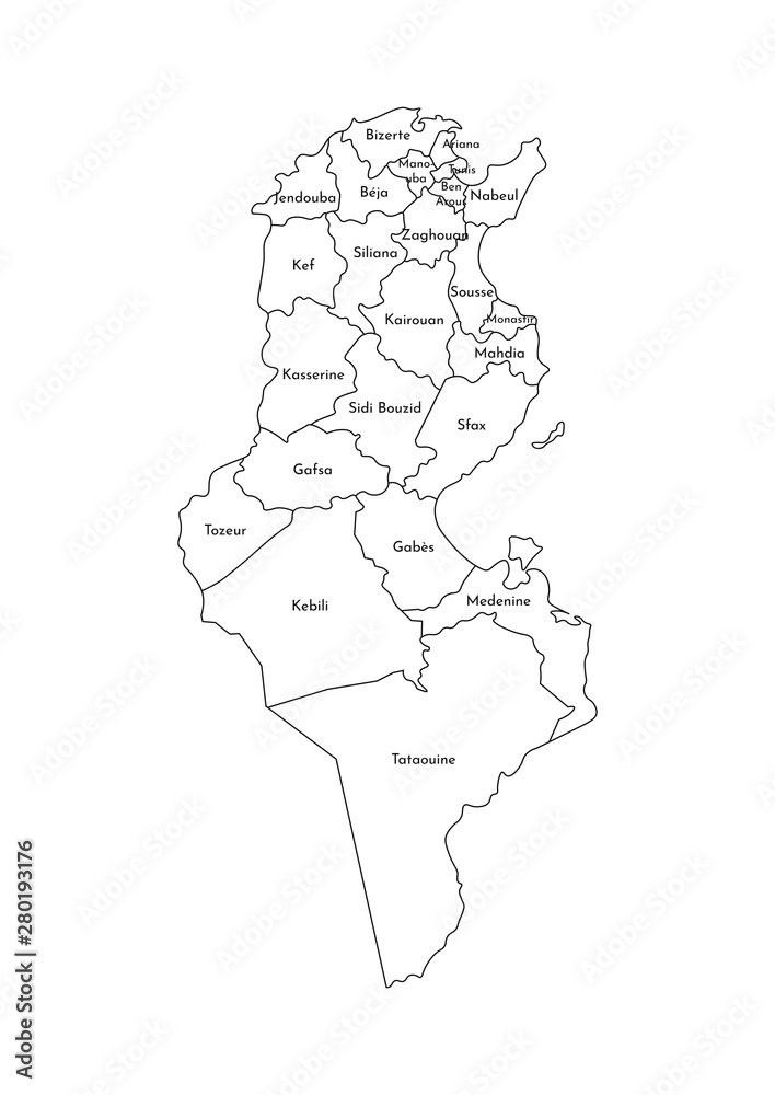 Vector isolated illustration of simplified administrative map of Tunisia. Borders and names of the governorates (regions). Black line silhouettes