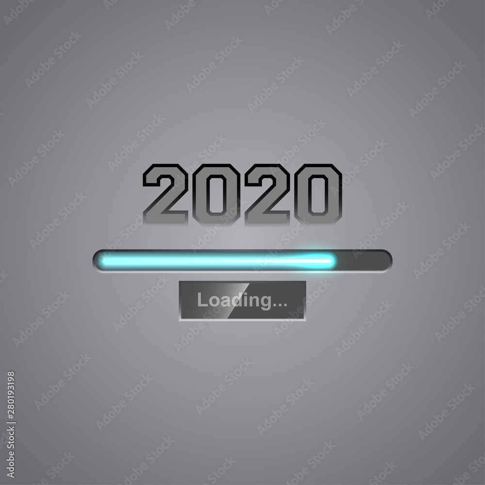 Neon progress bar showing loading of 2020 New Year. Vector background.