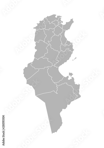 Vector isolated illustration of simplified administrative map of Tunisia. Borders of the governorates  regions . Grey silhouettes. White outline
